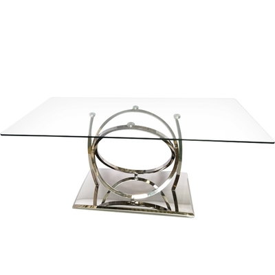 Mesa de jantar de prata luxuosa do metal com vidro claro para a sala de jantar