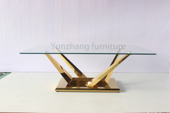 Mesa de jantar de vidro transparente retangular Mobiliário de aço inoxidável com base de ouro
