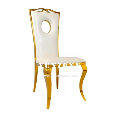 Cadeira de jantar dourada em aço inoxidável, couro PU branco de luxo, cadeira de casamento para eventos de festa de hotel
