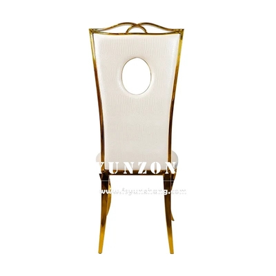 Cadeira de jantar dourada em aço inoxidável, couro PU branco de luxo, cadeira de casamento para eventos de festa de hotel