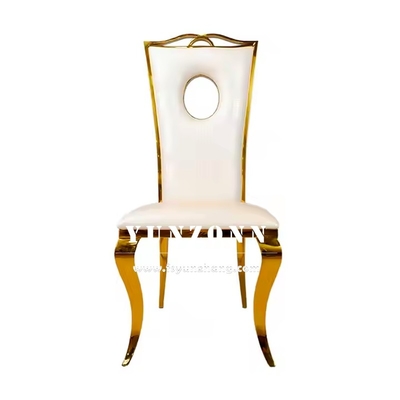 Cadeira de jantar dourada em aço inoxidável, couro PU branco de luxo, cadeira de casamento para eventos de festa de hotel