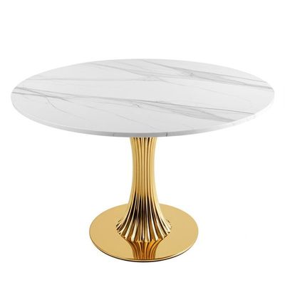 Mesa de jantar moderna com tampo de mármore sintético e estrutura de aço inoxidável dourada