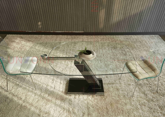 Mesa de jantar multifuncional flexível telescópica com parte superior de vidro de duas folhas