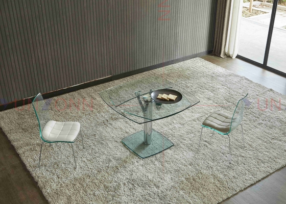 Mesa de jantar multifuncional flexível telescópica com parte superior de vidro de duas folhas