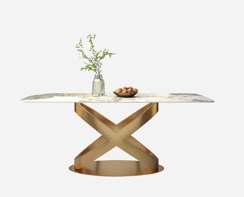 A cadeira de mesa de jantar de pedra retangular branca ajusta os suportes de bronze