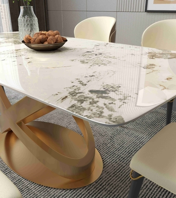 A cadeira de mesa de jantar de pedra retangular branca ajusta os suportes de bronze