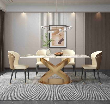 A cadeira de mesa de jantar de pedra retangular branca ajusta os suportes de bronze
