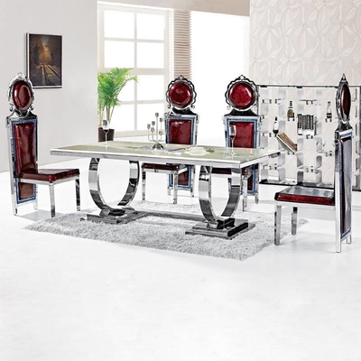 A mesa de jantar luxuosa de prata 6 Seater do conforto 150X90X75 moderou a parte superior de vidro