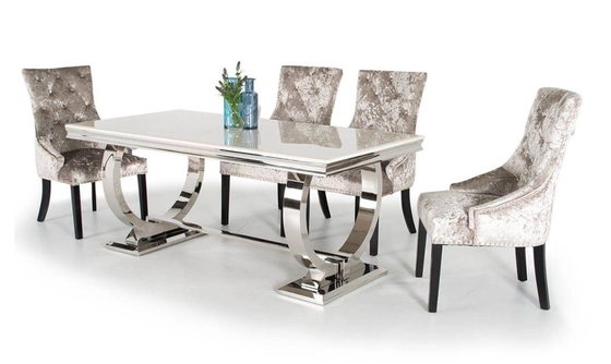 A mesa de jantar de aço inoxidável do pé do ouro de prata ajustou 6 Seater com parte superior de mármore