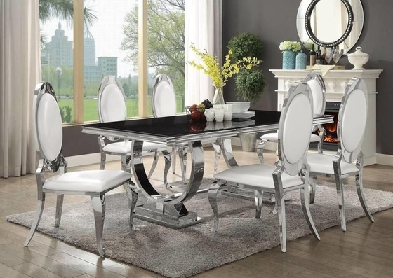 A mesa de jantar de aço inoxidável do pé do ouro de prata ajustou 6 Seater com parte superior de mármore