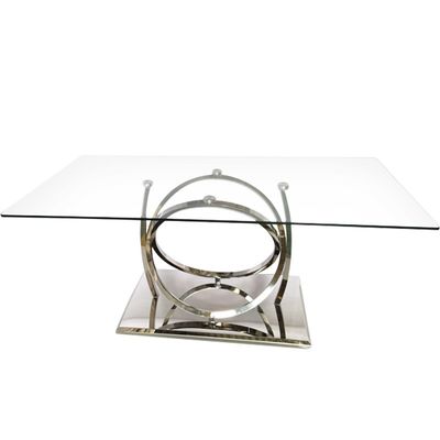 Bom preço Mesa de jantar de prata luxuosa do metal com vidro claro para a sala de jantar on-line