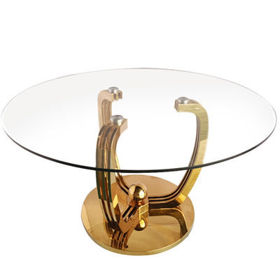 Bom preço Tabela de jantar de vidro temperado redonda de aço inoxidável de estilo europeu para restaurante para design de refeições on-line