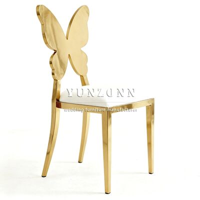 Bom preço Fabricação profissional Cadeira de jantar confortável com encosto de borboleta em aço inoxidável Encosto dourado Cadeiras para casamentos e eventos on-line