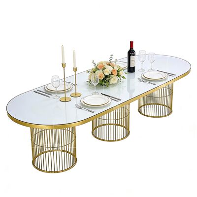 Bom preço Mesa de Jantar para Eventos em Novo Estilo, Formato Oval, Pernas de Aço Dourado, Mesa de Jantar para Decoração de Eventos de Casamento on-line