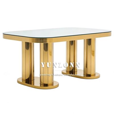 Bom preço Mesa de Vidro Espelhado Retangular para Banquetes em Aço Inoxidável Dourado para Eventos de Casamento, Hotéis e Mobiliário de Jantar on-line