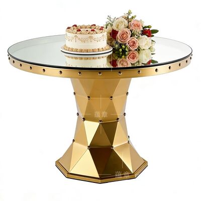 Bom preço Elegante Moderno Novidade Cerimônia de Casamento Celebração Decoração Dourado Aço Inoxidável Espelho Vidro Suporte para Bolo Hotel Jantar on-line