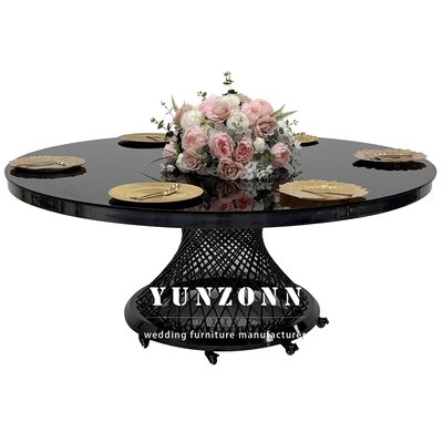 Bom preço Hotel Banquet Glass Top Black Dining Table Stainless Steel Round Metal Movable Wedding Table on-line