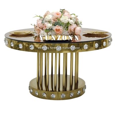 Bom preço Mesa de cristal de casamento redonda dourada com base metálica de aço inoxidável para restaurantes Banquetes e eventos on-line