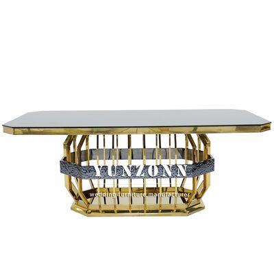 Bom preço Banquete de casamento de aço inoxidável de ouro moderno Mesa de jantar Retângulo de vidro Mobiliário de hotel para mesas de casamento e aluguel on-line