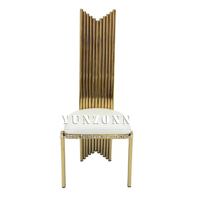 Bom preço Cadeira de Banquete para Eventos em Aço Inoxidável com Estrutura Dourada e Assento em PU Branco de Encosto Alto para Venda on-line