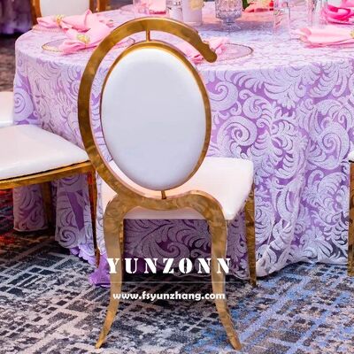 Bom preço Cadeira de casamento de novo design exclusivo para decoração Cadeiras de luxo de casamento com perna de aço inoxidável dourado e costas ovais em forma de C on-line