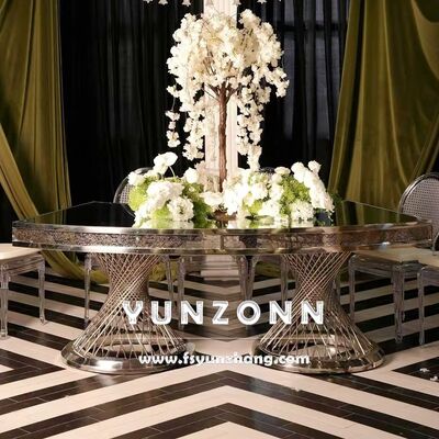 Bom preço Mesa de jantar com pedestal duplo base de ninho com espelho de vidro de ouro central para casamentos e hotéis on-line