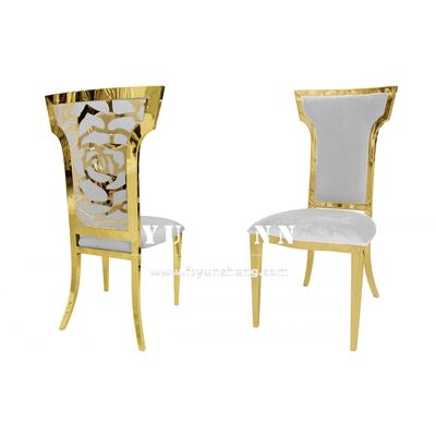 Bom preço Cadeira de Jantar de Banquete de Metal Dourado com Encosto Estampado Floral para Casamento, Luxo Moderno on-line