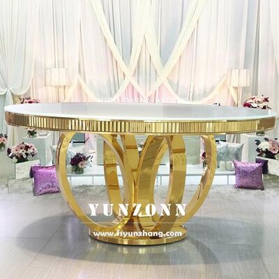 Bom preço MDF Branco Top Redondo Base de Metal de Aço Inoxidável Dourado Casamento Mesa de Jantar para Eventos Banquetes Mobiliário de Hotel on-line