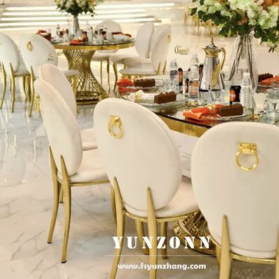 Bom preço Cadeira de Restaurante para Eventos em Veludo Dourado de Aço Inoxidável com Encosto Redondo para Banquetes on-line