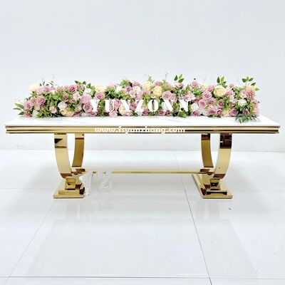 Bom preço Eventos de festa de luxo Decorações pernas de ouro Mesa de vidro moderno Rectangular de aço inoxidável banquetes de casamento mesas on-line