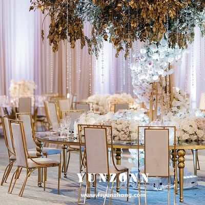 Bom preço Cadeiras de Jantar de Aço Inoxidável Dourado para Hotel de Luxo, Cadeira de Noiva para Festa de Casamento para Suprimentos de Eventos on-line