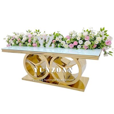 Bom preço Modern Gold Rectangular Dining Table with Benz Base Luxury Wedding Event Furniture for Outdoor and Hotel Use Glass/MDF Top (Múveis para eventos de casamento de luxo para uso ao ar livre e em hotéis) on-line