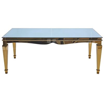 Bom preço Rectângulo de aço inoxidável de ouro moderno Mia Banquete Mesa de jantar com vidro temperado superior durável para eventos de hotel on-line