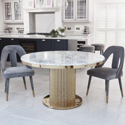 Bom preço Mesa de Jantar Moderna em Aço Inoxidável Dourado com Pedestal Circular em Mármore para Casa, Villa, Hotel, Casamento, Mobiliário Elegante e Contemporâneo on-line