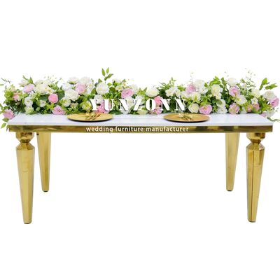 Bom preço Mesa de jantar de ouro rectangular moderna com vidro transparente e estrutura de aço inoxidável para eventos e banquetes on-line