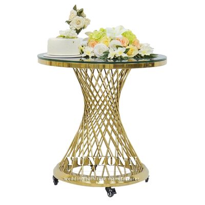 Bom preço Mesa de bolo de decoração de casamento em aço inoxidável dourado de luxo com tampo de espelho de vidro on-line