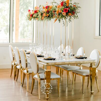 Bom preço Mesa de Jantar Moderna em Aço Inoxidável Dourado com Tampo de Vidro Espelhado para Hotéis, Casamentos, Festas e Eventos ao Ar Livre para Banquetes on-line