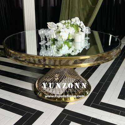 Bom preço Mesa de jantar moderna de aço inoxidável com vidro temperado e base metálica para eventos ao ar livre para hotéis e casamentos on-line