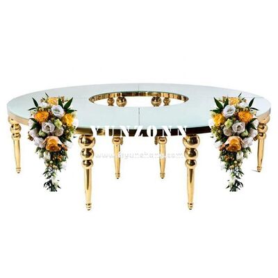 Bom preço Mesa de jantar de casamento de lua de aço inoxidável com vidro semirredondo para banquetes Salas de estar Hotéis Mobiliário de hotel on-line
