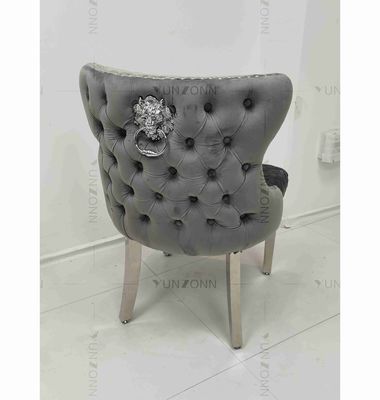 Bom preço Gray Power Lion Buttoned Back que janta a cadeira acolchoou os pés de aço inoxidável de prata das cadeiras da sala de jantar on-line