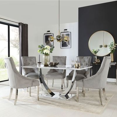Bom preço A mesa de jantar superior de mármore preta de prata de aço inoxidável ajustou as mesas de jantar modernas luxuosas 150X90X75 on-line